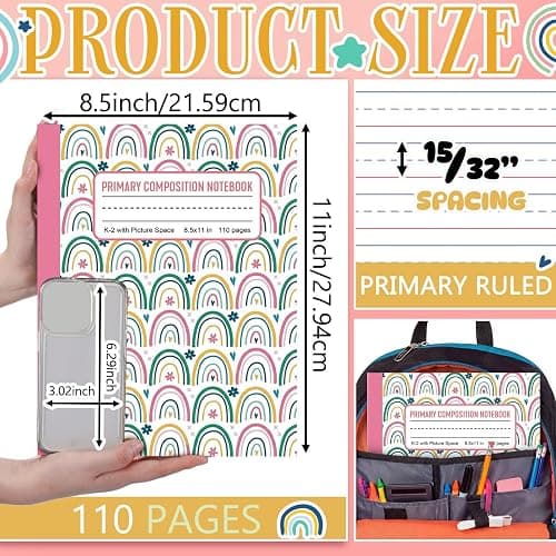 Gueevin 6 Pack Rainbow Primary Composition Notebook with Picture Space Bulk for Grades K-2 110 Page 8.5 X11'' Half Primary Journal K-2 Drawing Story for Back to School First Day of School thumbnail 3