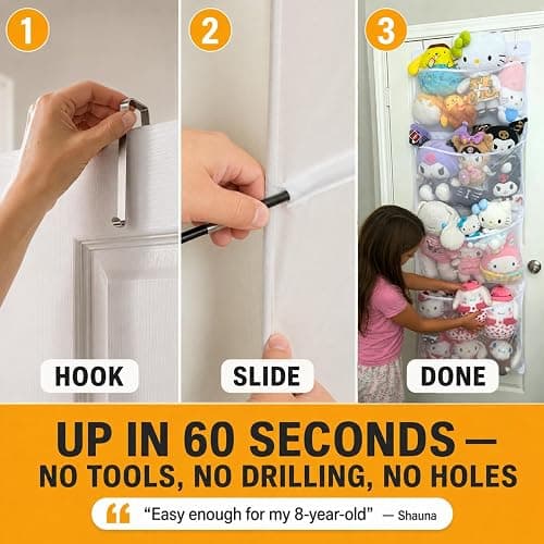 Honeyera The Original Stuffed Animal Storage (Patented) - Over Door Organizer for Stuffies, Baby Ideas Holder, Toy Plush Hammock Hanging Net Big Girls Toddler Large Bag Animals Stuffy thumbnail 3