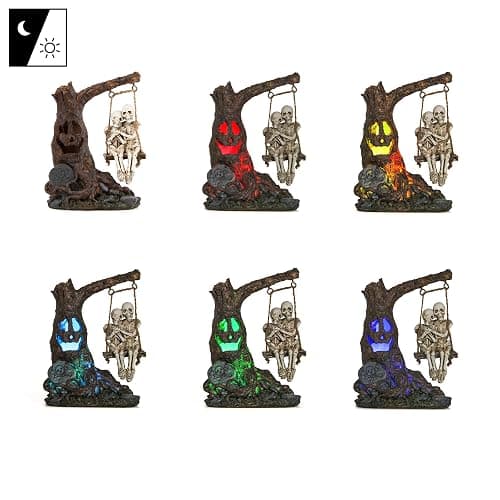 Halloween Skull Statue with Spooky LED Light for Home Indoor Decorations | Halloween Decor with Romantic Skeleton Couple on Swing Dead Tree, Resin Skull Party Centerpieces Holiday Collectible Gift thumbnail 3
