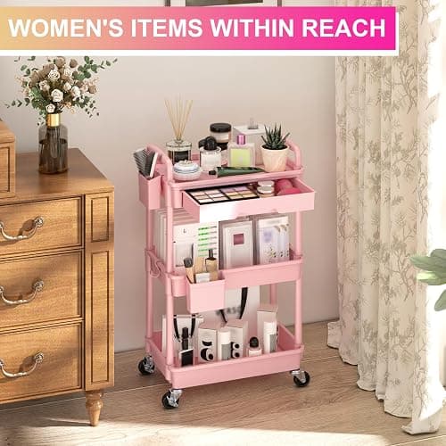 Goovilla 3 Tier Rolling Utility Cart Organizer with Removable Drawer, Stable and Sturdy Pink Rolling Storage Carts with 2 Lockable Wheels for Bathroom, Kitchen, Snack, Craft, Makeup, Baby Essentials thumbnail 5