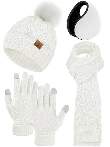 URATOT 4 Packs Winter Warm Set Knitted Pompom Hat Scarf Touch Screen Gloves Ear Warmer 4 In 1 Set for Men or Women - Image 1