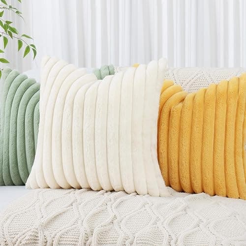 decorUhome Faux Fur Christmas Throw Pillow Covers 12x20 Set of 2, Decorative Soft Plush Striped Neutral Couch Euro Pillow Covers with Velvet Back for Sofa, Bed, Living Room Home Decor, Cream White thumbnail 6