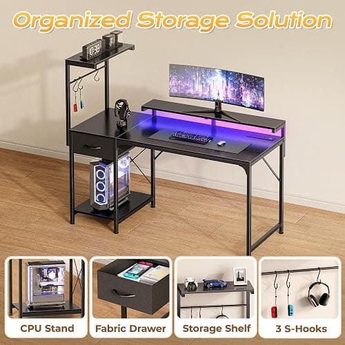 PRAISUN 47.2 Inch Gaming Desk with LED Lights & Power Outlets | Computer Desk with Drawer & Storage Shelves, Office Writing Desk with Monitor Stand for Work from Home, Black thumbnail 7