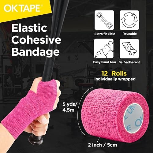 OK TAPE 12 Rolls Self Adhesive Bandage Wrap, Cohesive Elastic Athletic Tape | Vet Wrap, Sports Tape, Medical Wrap for Wrist, Feet, Self Stick Bandage Tape, 2" x 5 Yards - Pink thumbnail 2