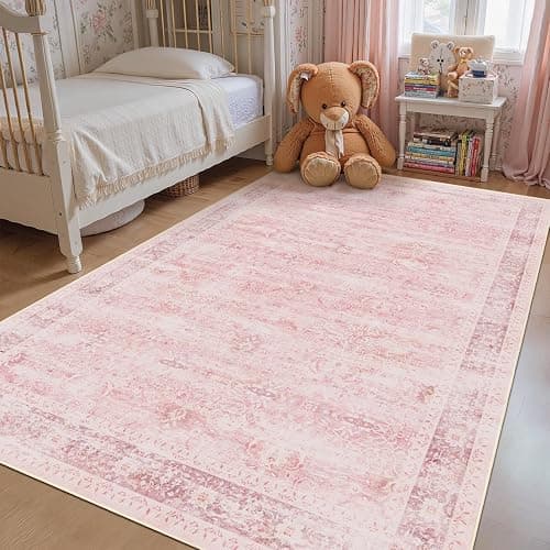 Jainmy 5x7 Pink Rug for Nursery, Thin Washable Rugs for Kids Room Playroom, Distressed Aesthetic Area Rugs for Bedroom Girls Dorm Romantic, Non Slip Carpet Rug for Living Room Dining Room Home Office - Image 1