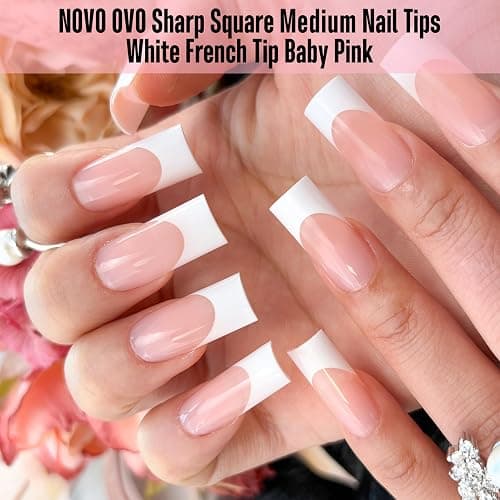 NOVO OVO Medium Sharp Square White French Tip Nail Tips Press on BABY PINK, Extra Thick NEED Builder Gel & Top Coat & Glue, Soft Gel Full Cover False Fake Nail Extension in Salon DIY x 15 Sizes 180 pc thumbnail 4