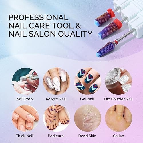 MelodySusie 3Pcs Nail Drill Bits Set, 3/32'' Carbide Tungsten Bits, 5 in 1, Smooth Round Top Large Barrel and Tornado Bits, Suitable for Manicure Pedicure Cuticle Gel Acrylic Remover, Purple thumbnail 5