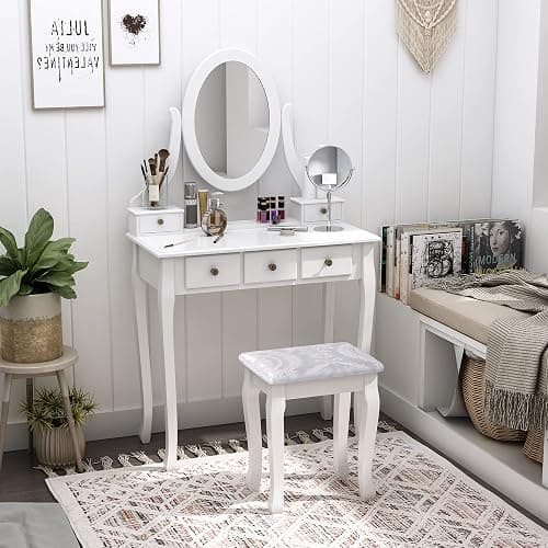 HOMCOM Coiffeuse avec Miroir et Tabouret 5 tiroirs Table de Maquillage avec Pieds en Bois de pin Massif 80 x 40 x 140cm Blanc thumbnail 7