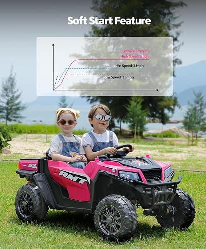 ELEMARA 24V Ride on Toy for Big Kid,Ride on Car 2 Seater w/Sun Shade,Dump Bed & Shovel,4.5MPH,4WD Electric Car for Kids,Battery Car w/Remote,Kids Ride on Truck,3 Speeds,LED Lights,Bluetooth, Hot Pink thumbnail 5
