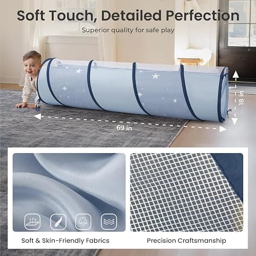 Tiny Land Kids Play Tunnel Tent for Toddlers, 69" x 18" Foldable Crawl Toys for Baby, Indoor & Outdoor Pop Up Dog Tunnel with Breathable Mesh (Blue) thumbnail 2