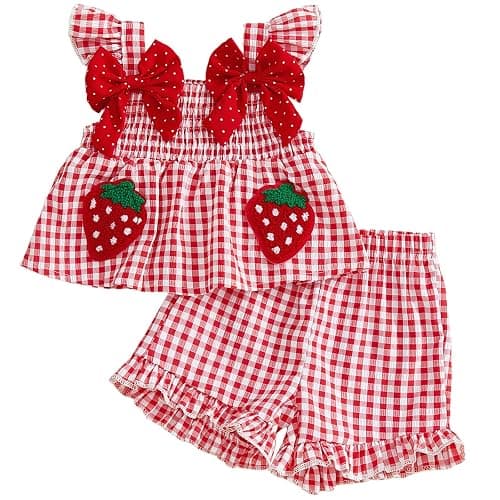 Mubineo Toddler Baby Girl Summer Clothes Cute Ruffle Shirt Tops Dress Shorts Outfits Set Fruit Blouse Princess Outfit - Image 1