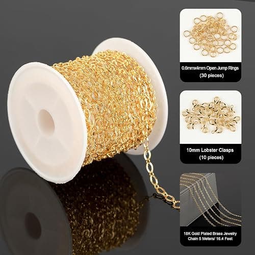YOUBEIYEE 5 Meters 18K Gold Plated Chain for Jewelry Making, Shiny Light Gold Embossed Oval Cable Link Chain Spool Women Necklace Bracelet DIY Jewelry Findings thumbnail 3