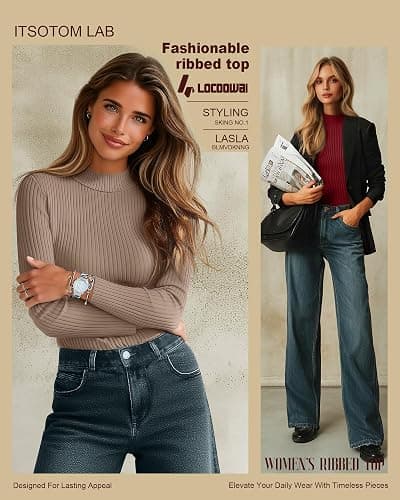 Riyiper 3 Pack Women's Ribbed Shirts, Mock Turtleneck Long Sleeve Tops Slim Fitted Undershirts Casual Basic Layering Tees thumbnail 5