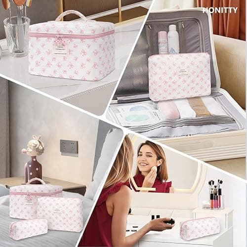 Makeup Bag,Quilted Cosmetic Bags,Large Floral Make Up Organize bag,Makeup Bag Set for Women,Flower Travel Toiletry Bag thumbnail 6