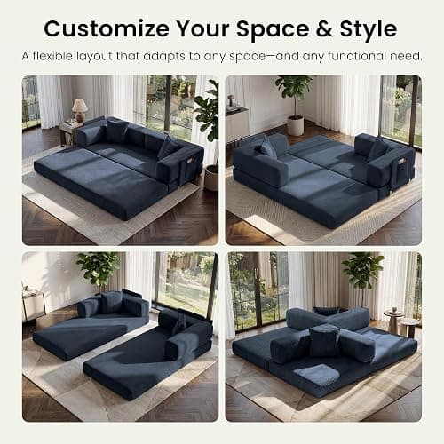 CUBENTE 78.8" Convertible Futon Sofa Bed, Boneless Couch for Living Room | Corduroy Boneless Loveseat Sleeper Sofa, Modular Futon Couch with Storage Pocket, Pull Out Couch No Assembly | Royal Blue thumbnail 3