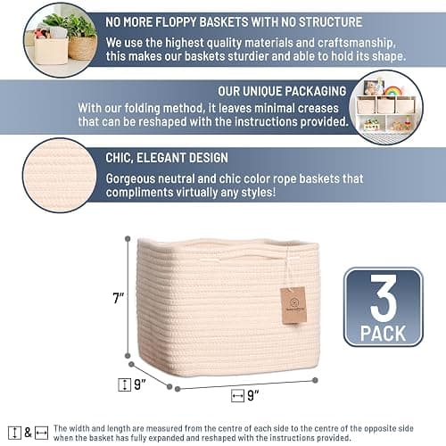 NaturalCozy Storage Cubes 9”x9”x7”Cotton Rope Woven Baskets for Organizing 3-Pack | 9 Inch Cube Storage Bin | Small Basket for Shelf Nursery, Pantry, Decorative Plant, Bathroom Closet, Toy Gift thumbnail 3