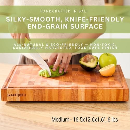 SHUMARU Mahogany End-Grain Wood Cutting Board – 16.5x12.6x1.6" Butcher Block | Handmade in Bali - Silky-Smooth, Juice Groove, Knife‑Friendly, Ergonomic Grips & Non‑Slip Feet thumbnail 3