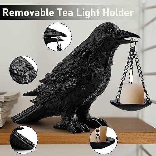 Gothic Home Decor Fake Crow Light Holder Halloween Decorations Indoor Raven Lamp Tealight Candle Holder Resin Statue Black thumbnail 3