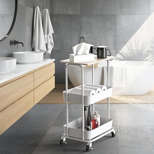 Simple Houseware 2-Tier Rolling Utility Cart with Lockable Wheels and Wood Top, Metal Storage Organizer Trolley for Kitchen, Bathroom, Office, Craft Room, Maple thumbnail 8