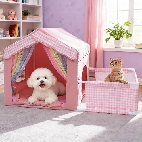 INRLKIT Princess Dog House Indoor, Cute Indoor Dog House for Small Dogs, DogTent Bed with Playpen, Small Pink Dog Canopy with Soft Cushion for Christams Gifts - Image 1