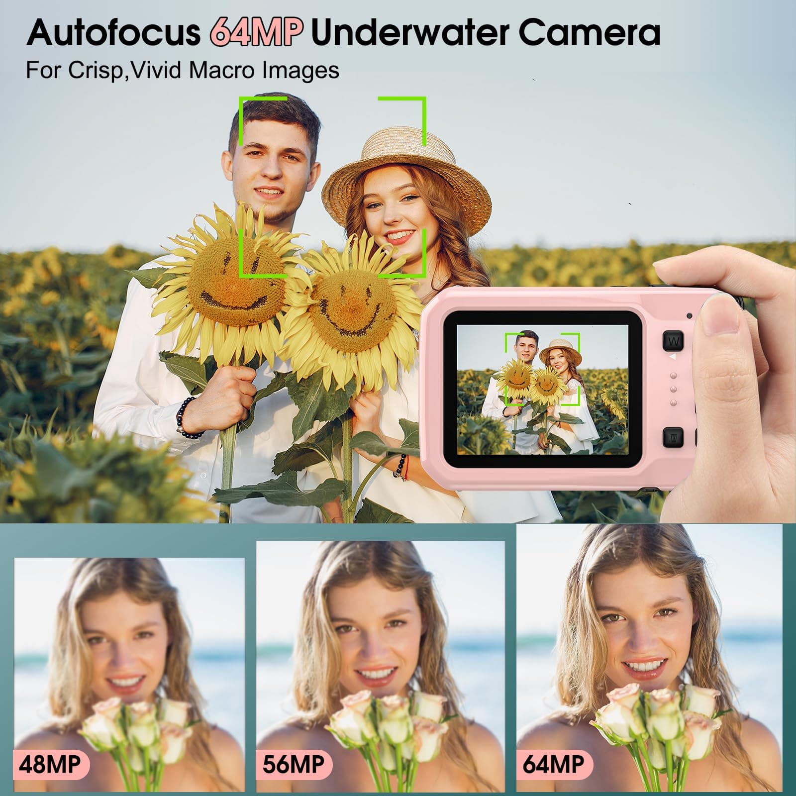Cámara subacuática 4K, cámara digital impermeable de 64 MP, 16 pies con tarjeta de 32 GB, enfoque automático flotante cámara impermeable con visualización IPS HD, zoom digital 16X, luz de relleno thumbnail 4