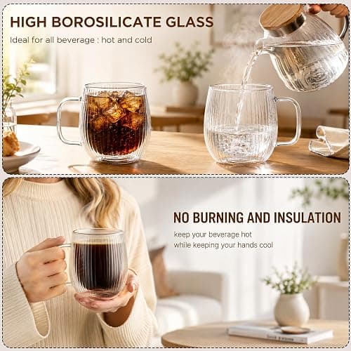 Set of 4 Double Walled Glass Mug Set, 350ml Double Walled Insulated Drinking Glass Coffee Mugs with Handle, Insulated Layer Coffee Cups, Clear Glass Mugs for Latte, Cappuccinos, Tea Bag, Juice thumbnail 3