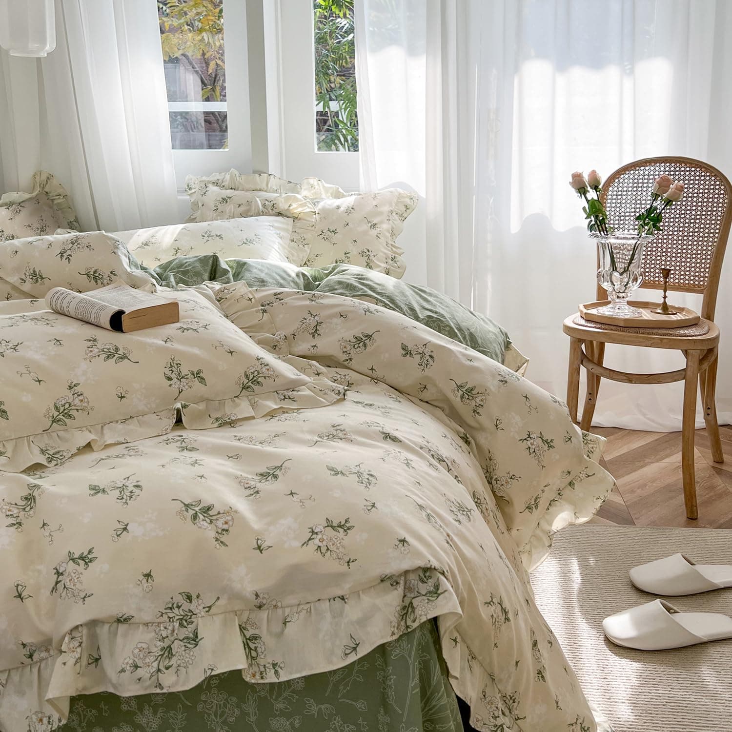 mixinni Reversible Green Floral Duvet Cover Set Full Size - 100% Cotton Botanical Bedding Set with Ruffle Lace, 3PCs Beige Soft Aesthetic Cottagecore Style Duvet Cover for Girls thumbnail 5