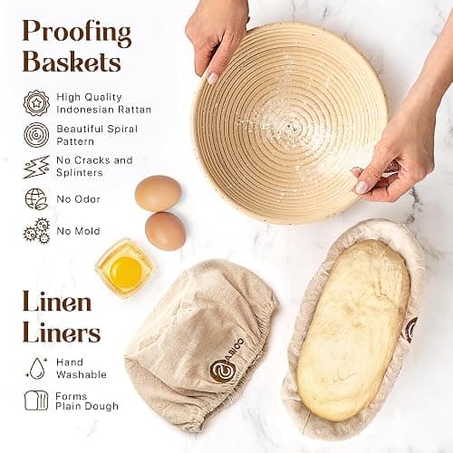 Sourdough Kit with Professional Bread Making Tools - A Complete Sourdough Bread Kit Including 10" Round & 11" Oval Bannetons, Bread Lame, Whisk, Bowl & Dough Scrapers, Slings, and Mat (17-Piece Kit) thumbnail 5