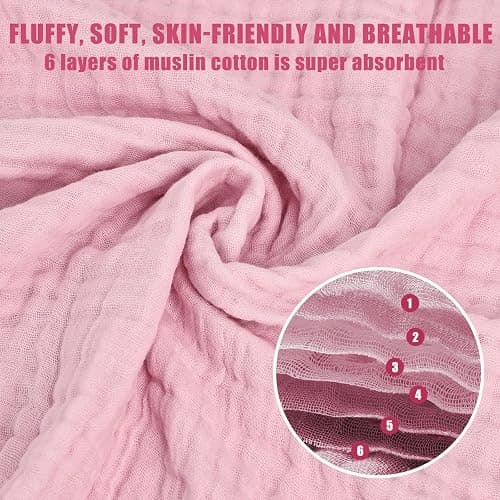 Muslin Baby Bath Towels,3 Pack,6Layer Large 40"x40", Natural Cotton,Pink | Ultra Soft and Absorbent,Infant Toddler Blanket Towel, Unisex Suitable for Girls and Boys,Newborn Essential,Quick-drying thumbnail 7