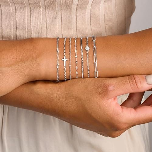 Yoosteel Silver-Plated Bracelets for Women - Dainty Silver-Plated Bracelets Set for Women Trendy Minimalist Simple Layered Bracelet Stack Waterproof Trendy Jewelry Gifts for Women thumbnail 2