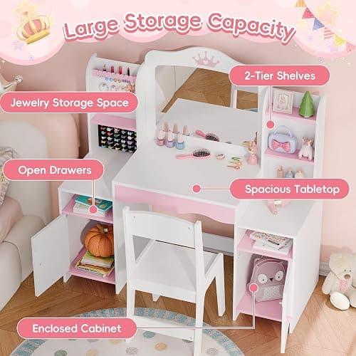 MU Kids Vanity, Girl Vanity Set with Mirror and Stool, 2 in 1 Toddler Makeup Vanity Table with Jewelry Storage, Wooden Princess Makeup Desk Dressing Table for Little Girls, (White) thumbnail 3