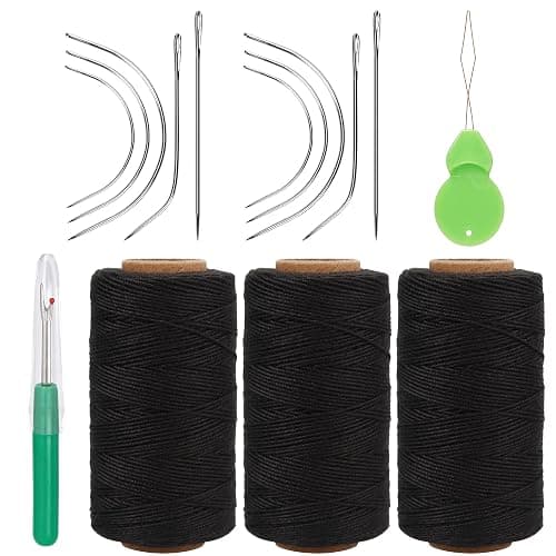 Lusecarl Needle and Thread for Hair Extensions 3 Rolls Hair Weave Sewing Threads with 10 Pcs C J I Shape Curved Upholstery Needles for Hand Sewing, Hair Extensions, Making Wigs DIY (10+3, Black) - Image 1