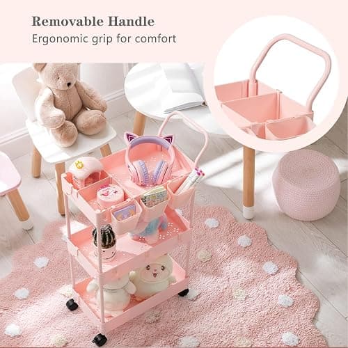 danpinera 3-Tier storage trolley, storage trolley on wheels, beauty trolley with Dividers & Hooks & Hanging Cups, kitchen trolley, storage cart for Kitchen, Make-Up, Bathroom, Office, Pink thumbnail 5