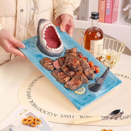 Light Blue Ceramic Shark Plate, Shark Sushi Plates, Funny Handmade Kitchen Salad Plates with Dipping Sauce Bowl, Microwave/Oven/Dishwasher Safe Plates, Holiday Birthday Gifts for Shark Party Lovers thumbnail 2