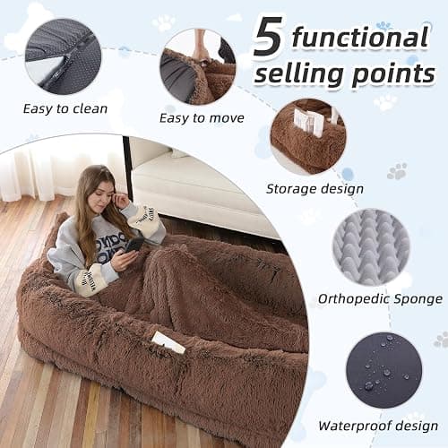 Human Dog Bed, 71''x45''x12'' Size Fits You and Pets, Washable Faux Fur Pet Bed for People Doze Off, Napping Orthopedic Dog Bed, Present Plump Pillow, Blanket, Strap - Coffee thumbnail 3