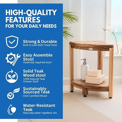 DecoTeak Teak Corner Shower Shelf – 2 Tier Waterproof Bathroom Storage Organizer Compact Wood Storage | Water-Resistant Design | Space Saver for Showers & Small Bathrooms | Shaving Foot Rest thumbnail 5