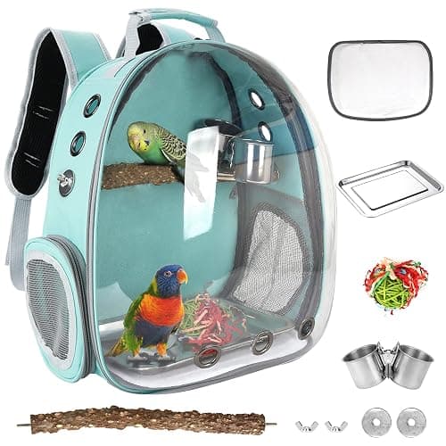 Bird Backpack Carrier with Perch, Portable Bird Travel Cage Bag, Clear Parrot Carrier Cockatiel Cage with Toy Stainless Steel Food Bowl Tray for Conures Parakeet Budgie Canary Lovebirds Small Animals - Image 1