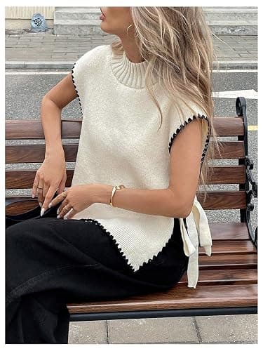 Verdusa Women's Old Money Sweater Tie Knot Slit Sweater Vest Mock Neck Cap Sleeve Lightweight Knit Tops thumbnail 5