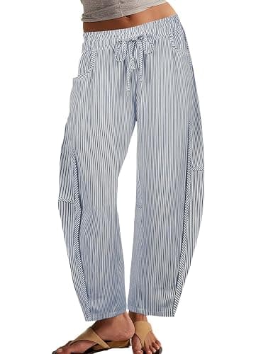 IQSQSQ Women’s Barrel Pants Striped High Rise Wide Leg Baggy Jeans with Drawstring & Pockets for Daily Wear Casual Pants - Image 1