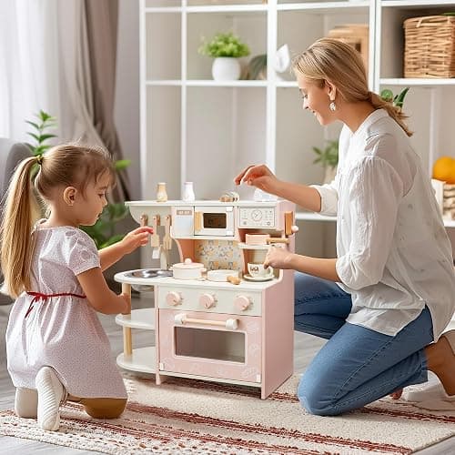 Cucina giocattolo per bambini, giocattoli in legno per bambini, set da gioco con caffettiera, accessori da cucina, regalo per ragazze e ragazzi dai 3 ai 6 anni thumbnail 2