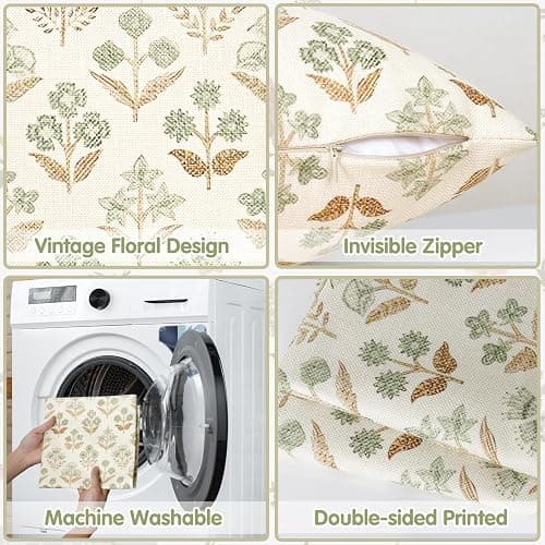 UXORSN 2 Packs Throw Pillow Covers Outdoor Waterproof 18x18 Spring Brown Green Block Print Pillowcase Vintage Floral Cushion Covers Linen Boho Farmhouse Pillow Cases for Garden Bedroom Living Room thumbnail 7