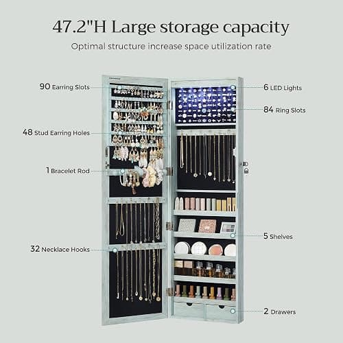 SONGMICS 6 LEDs Mirror Jewelry Cabinet, 47.2-Inch Tall Lockable Wall or Door Mounted Jewelry Armoire Organizer with Mirror, 2 Drawers, Christmas Gift, 3.9 x 14.6 x 47.2 Inches, Rustic Green thumbnail 6