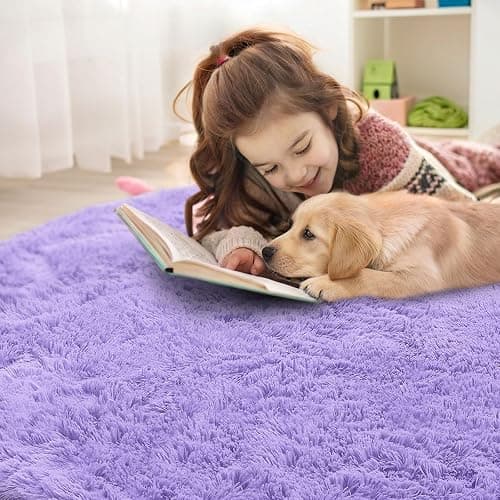 OLANLY Light Purple Round Rugs for Bedroom - Machine Washable, 5 ft Circle Area Rugs for Living Room, Soft and Fluffy Shaggy Carpet for Teen Girls and Boys, Nursery Rooms, Dorms, Home Decor Aesthetic thumbnail 4