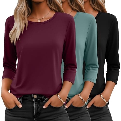 Ficerd 3 Pack 3/4 Sleeve Tops for Women Round Neck Dressy Basics Tees Casual Trendy Loose Fit T Shirts - Image 1