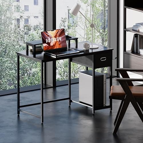 Pamray 39 Inch Computer Desk with Monitor Stand Small Home Office Desks with Non-Woven Storage Drawer for Bedroom Study Table Writing and Work Desk Black thumbnail 2