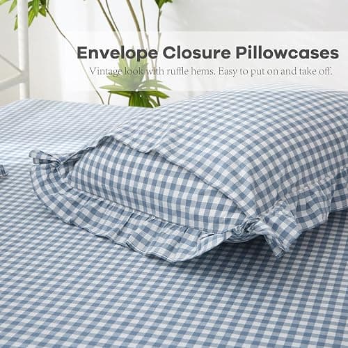 K MASANIJI Dust Blue White Plaid Ruffle Sheets Queen Size 4-Piece Set, 300TC 100% Yarn Dyed Cotton Sheets18 in Deep Pocket Classic Gingham Decorative Bedding (Dust Blue/White Plaid, Queen) thumbnail 6