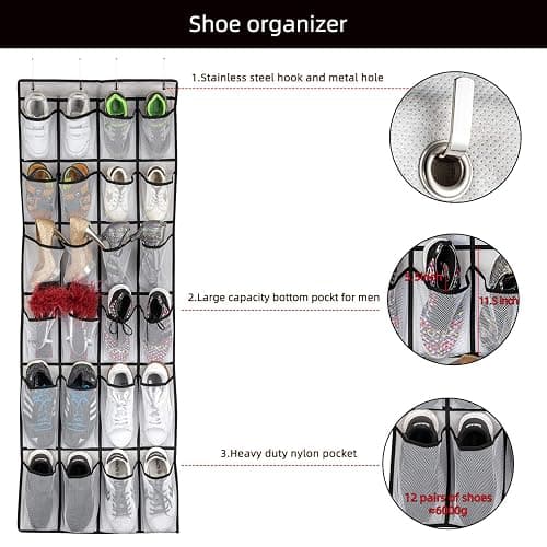 SAVERHO Over The Door Shoe Organizer, Hanging Shoe Organizer with 24 Mesh Large Pockets Door Shoe Rack Organizer for Men Women Kids Hanging Shoe Storage Bag.(White thumbnail 4