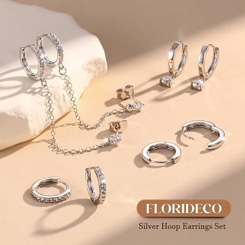Florideco 4 Pairs Small Hoop Earrings for Women Trendy 14K Gold Plated Chain Drop Earrings Set Hypoallergenic CZ Huggie Hoops Lightweight Cartilage Earring Stacks Women's Jewelry Gifts thumbnail 7
