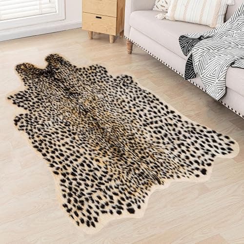 Leopard Rug Cheetah Rug Animals Printed Hide Mats Faux Fur Cowhide Skin Carpet for Home Office, Livingroom, Bedroom, 5.3ft x 6.6ft - Image 1