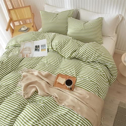 mixinni Striped Comforter Set Twin XL Size - Green White Stripes Pattern Bed Set for All Season, 3 Pieces Lightweight Bedding Comforter Sets for All Seasons (1 Soft Fluffy Comforter + 2 Pillowcases) thumbnail 4
